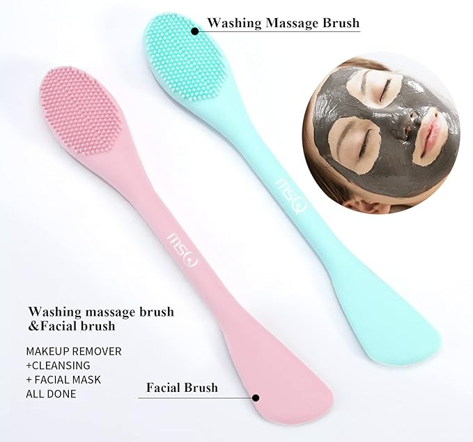 MSQ Silicone Face Mask Brush, Soft Facial Cleansing Scrubber, 2 Pack Double-End Facial Mask Brush for Mud, Clay, Charcoal Mixed Mask, DIY, Skincare Applicator Tools (Pink)
