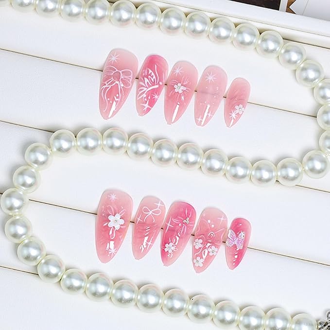 24Pcs Gradient Pink Press on Nails Medium Cute Fake Nails 3D Flower Acrylic Nails Butterfly Bow Artificial Glue on Nails Glossy Pink False Nails Water Ripple Design Almond Stick on Nails for Women