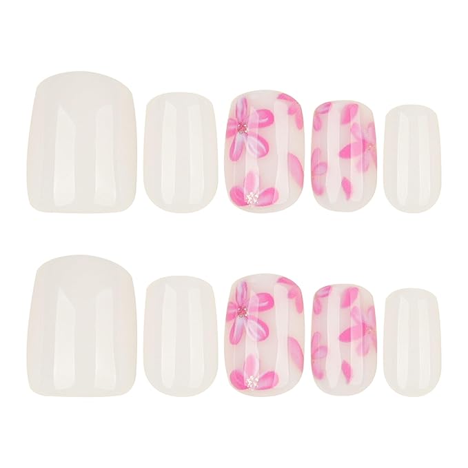 White Press On Nails Extra Short Square, Pink Flower Sticke On Nails Kit, Floral Designer Reusable Acrylic Nails Press Ons, Fake Nails With Glue On Nails Set, Daily Wea False Nails For Women