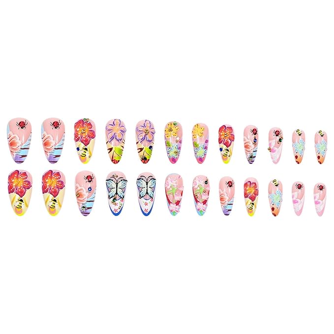 24Pcs Colorful Flowers Press on Nails Almond Medium Fake Nails Charms with 3D Relief Flower Design French Tip Press on Rhinestones Nails Full Cover Artificial Glue on Nails Cute False Nails for Women