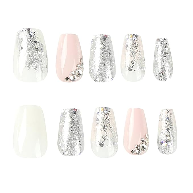 Press on Nails Coffin Short False Nails with Silver Glitter Design, White Silver Full Cover Fake Nails, Artificial Acrylic Glossy Stick on Nails for Women 24 Pcs