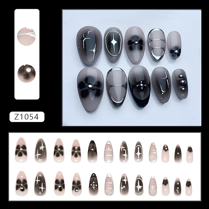 24Pcs Black Press on Nails Medium Almond Fake Nails Black Flower with Silver Star Full Cover Glue on Nails Reusable Acrylic Star False Nails Glossy Stick on Nails for Women Girls Manicure Salon Kits