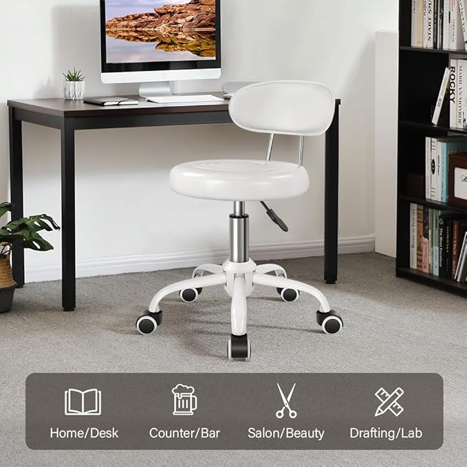 Rolling Stool with Wheels Swivel Stool with Back Height Adjustable Chair PU Leather Rolling Chair Ideal for SPA Salon Home Office Drafting Work (White)