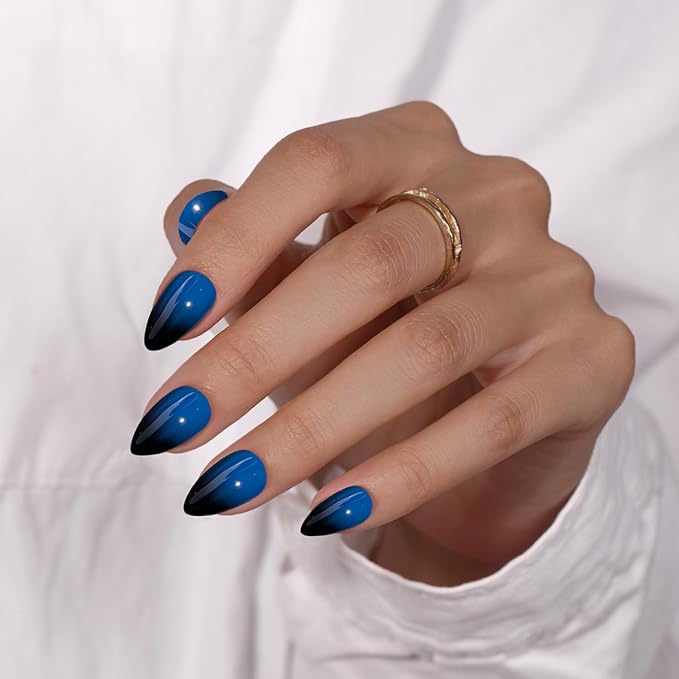 KQueenest Blue Black Press On Nails Short Almond, Ombre French Press On Nails with Glue, Dark Fake Nails Press ons, Soft Gel Glue on Nails with Gradient Design for Women Goth Decoration, 30 Pcs