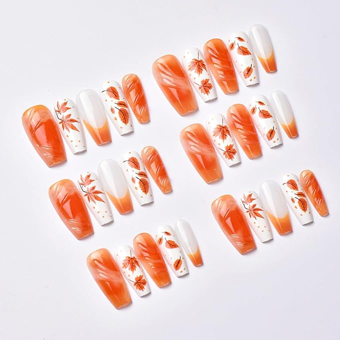 30Pcs Fall Press on Nails Medium Coffin Fake Nails Autumn Red Maple Leaf False Nails with Designs Gradient French Tip Stick on Nail Full Cover 3D Thanksgiving Manicure Decorations for Women