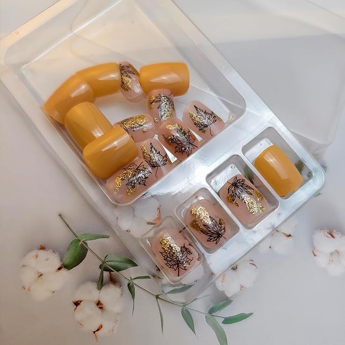 24Pcs Fall Press on Nails Short Square Fake Nails Black Hollow Maple Leaf Acrylic Nail Tip Glitter Full Cover Maple Leaves Thanksgiving Stick on Nail Autumn Winter Nails Press ons for Women Manicure