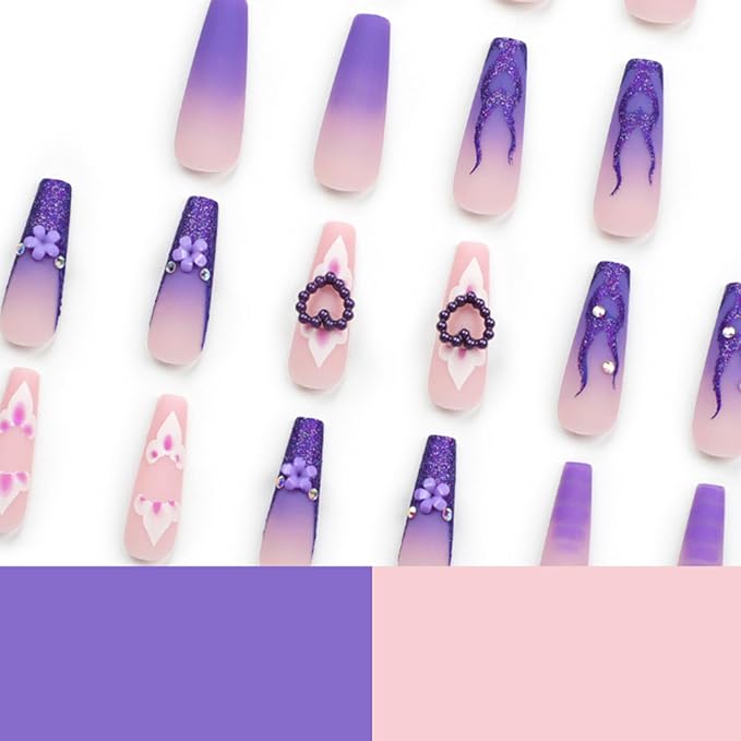Hkanlre Purple Press on Nails Heart Fake Nails Tips Full Cover False Coffin Long Fire Nails for Women and Girls 24PCS