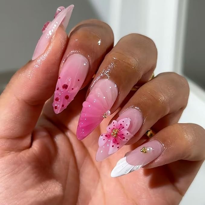 Rose Pink Gradient Press on Nails Medium Almond Shaped Fake Nails with 3D Flowers Striped Polka Dot Designs Glossy Full Cover Stick on Nails French Tip Acrylic Nails for Women DIY Manicuare 24 Pcs