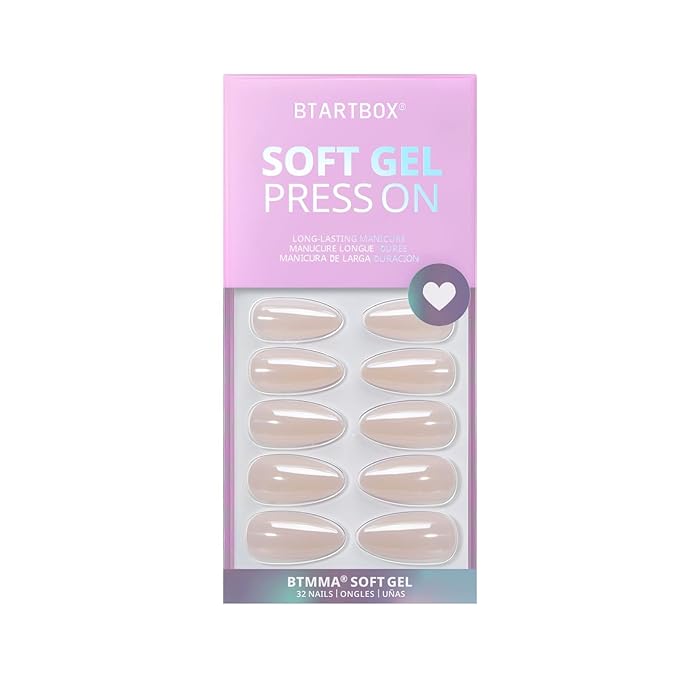 BTArtbox Press On Nails Medium Almond - Press on Nails Chrome Nails, Light Weight & Fit Perfectly Fake Nail with Nail Glue, Nude Glue On Nails in 15 Sizes, Glazed Donut