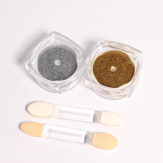 evpct 2Pcs Gold Silver Metallic Mirror Effect Chrome Nail Powder Kit for Nails Polish Rainbow Holographic Iridescent Chameleon Neon Nail Pigment Mirror Chrome Nails Powder for Gel Nails Glitter