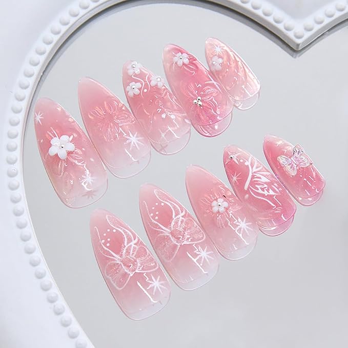 24Pcs Flower Press on Nails Medium Almond Fake Nails 3D Flowers Bow Butterfly with Rhinestones Glitter Designs Full Cover Pink Ombre Stick on Nails Summer False Nails for Women Girls Acrylic Nail Art
