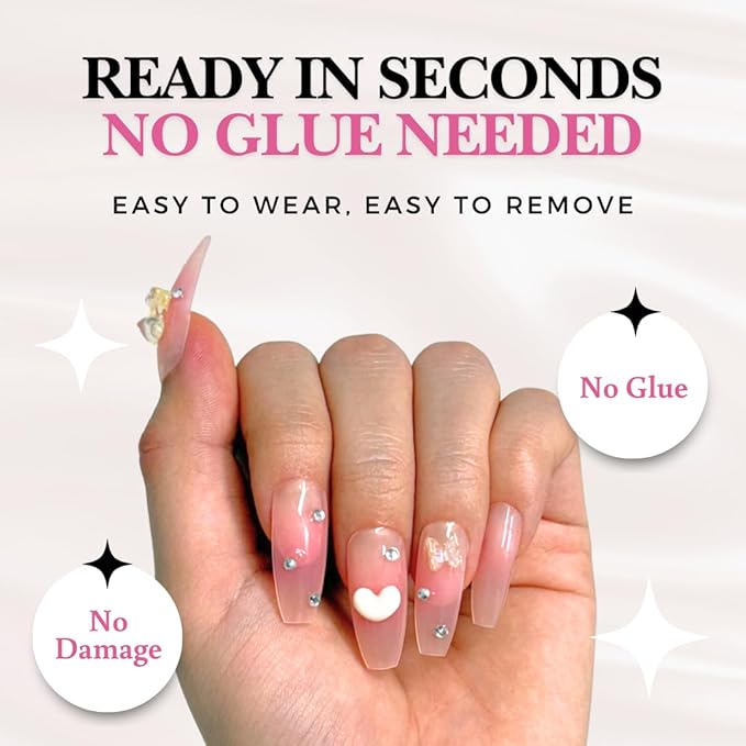 Perfect Look Press On Nails - Charm Love | No Glue One-Day Coffin Nails, Pink Ombre Fake Nails with 3D Bear Accents - 24 Pcs Nail Kit with Adhesive Tabs