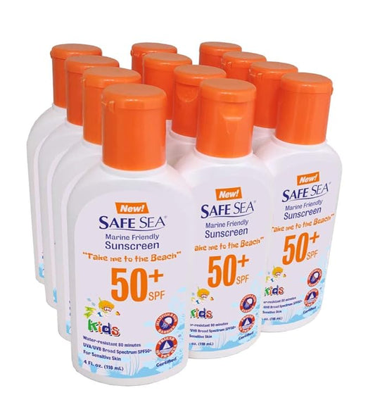Safe Sea SPF50+ Kids sunscreen- Jellyfish and Sea lice protective lotion. Very Water Resistant, Sensitive skin and Reef-Safe Sunscreen. Oxybenzone and Octinoxate free,Paraben free, 4fl. Oz. Pack of 12