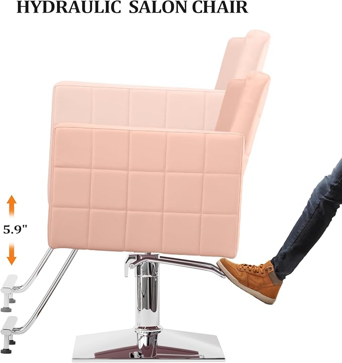 OmySalon Hydraulic Styling Chair for Hair Salon, Modern Pink Hairdressing Barber Chair w/Square Base & Footrest, 360 Degrees Swivel, Beauty Spa Equipment