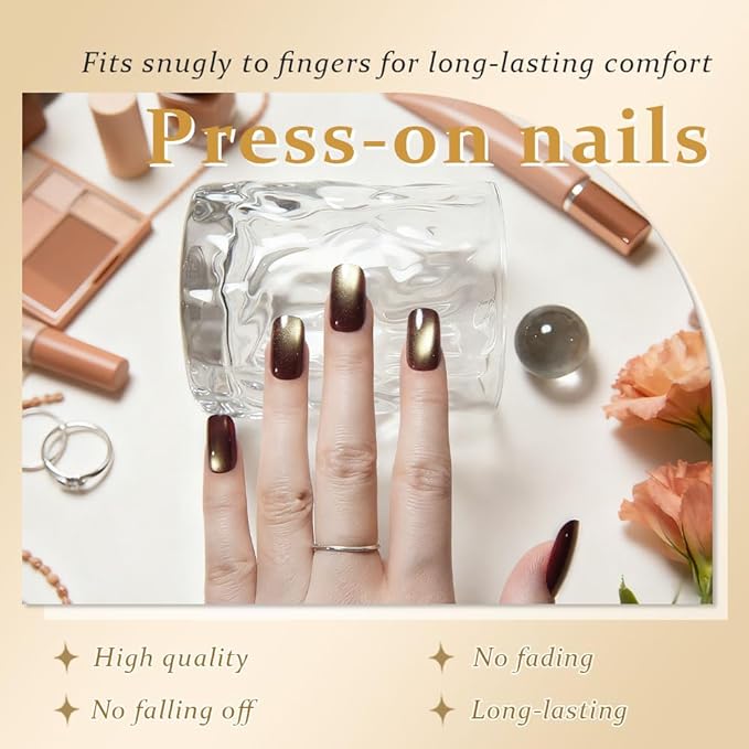 Khaki Reflective Cat Eye Press on Nails Medium Square, Medium Square Press Glue on Nails Chrome for Women, Khaki Holographic Glitter Glossy Reusable Gel Acrylic Fake Nail with Designs Cateye Effect