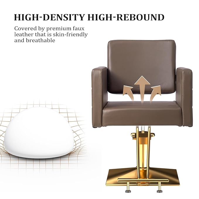 mefeir Brown and Gold Barber Chair Hair Salon Chair with Heavy Duty Hydraulic Pump, Square Base, Stainless Steel Footrest,Styling Chair for Beauty Spa Hairdressing Braiding