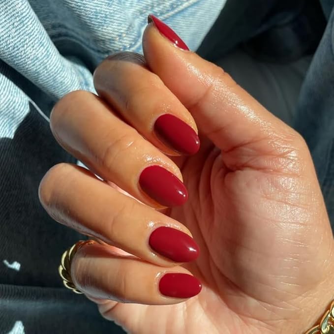 Cherry Red Press on Nails Short Almond Fake Nails Press ons, Thick Solid Color Glue on Nails Short False Nails, Medium Almond Nails Oval Round Shaped Nails for Women, 24Pcs Natural Acrylic Gel Nails