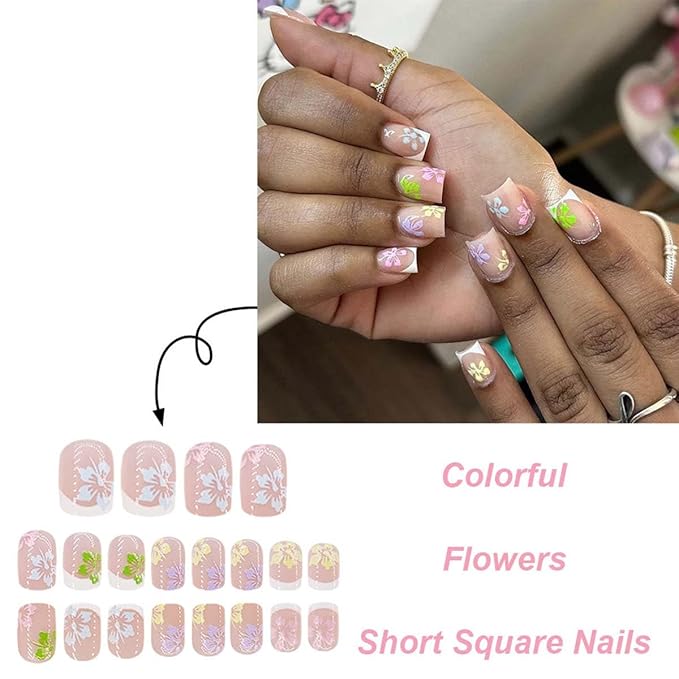 24Pcs Square Press on Nails Short Fake Nails French Tip False Nails with Flower Design Cute Acrylic Nails Full Cover Artificial Nails Glossy Nude Glue on Nails Stick on Nails for Women Manicure