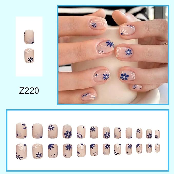 Square Press on Nails Short Fake Nails Nude False Nails with Flower Design Cute Glue on Nails Full Cover Acrylic Nails Artificial Nails Glossy Stick on Nails for Women Manicure Art 24Pcs
