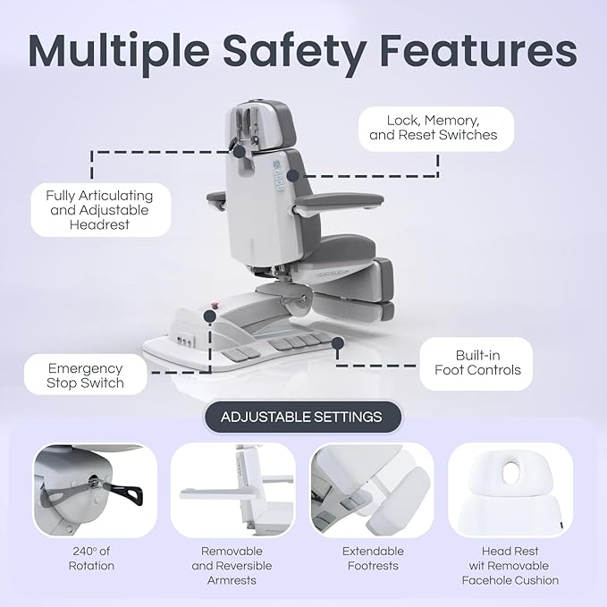 Massage Tools - Professional Spa and Facial Chair with 240° Rotation, LED Lighting, Memory Settings, and Adjustable Headrest - Premium Service Bed and Spa Chair for Salon and Facials - White