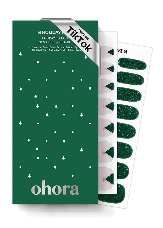 ohora Semi Cured Gel Nail Strips (N Holiday Pine) - Works with Any Lamps, Salon-Quality, Long Lasting, Easy to Apply & Remove - Includes 2 Prep Pads, Nail File & Wooden Stick