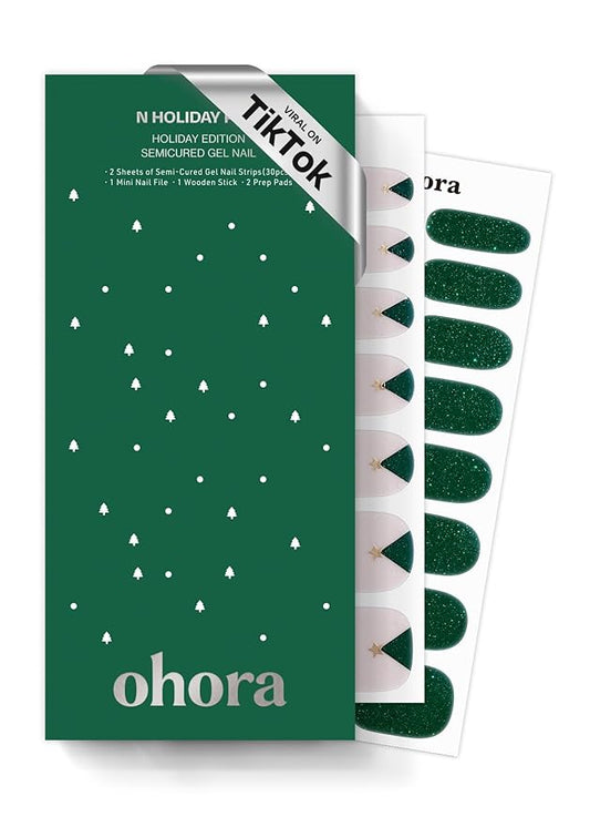 ohora Semi Cured Gel Nail Strips (N Holiday Pine) - Works with Any Lamps, Salon-Quality, Long Lasting, Easy to Apply & Remove - Includes 2 Prep Pads, Nail File & Wooden Stick