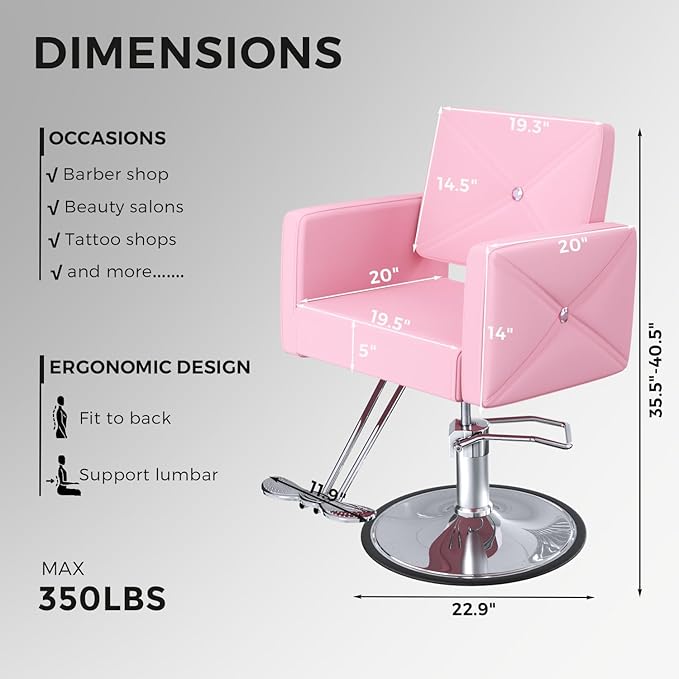 Salon Chair for Hair Stylist with 350Lbs Heavy-Duty Hydraulic Pump, 360° Swivel Barber Chair, Adjustable Height Styling Chair for Beauty Salon, Tattoo, Spa, Elegant Pink