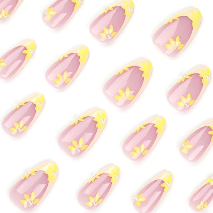 Yellow French Tip Press on Nails Spring Flower Fake Nails with Pearl Design Glossy Glue on Nails Reusable Artificial Acrylic Full Cover Stick on Nails Medium Almond False Nail for Women Manicure 24Pcs