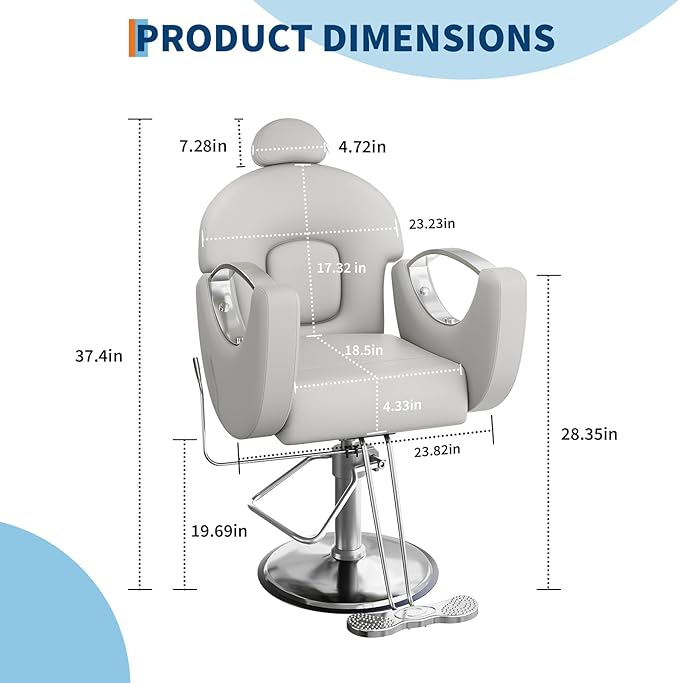 360°Swivel Barber Chair, Reclining Barber Salon Chair with Heavy Duty Hydraulic Pump for Spa Shampoo Hair Stylist Barbershop Home, Grey & Silver