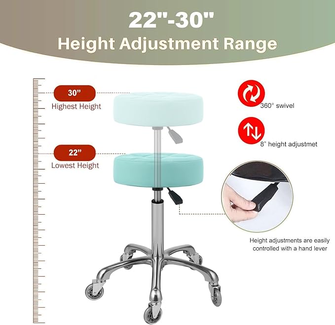 Kaleurrier Adjustable Rolling Stool for Salon: Heavy Duty Swivel Chair with Wheels for Hairdresser Esthetician Dentist - Spa Home Office Kitchen Dental Tattoo Shop Use - Seat Height 22”-30” - Green