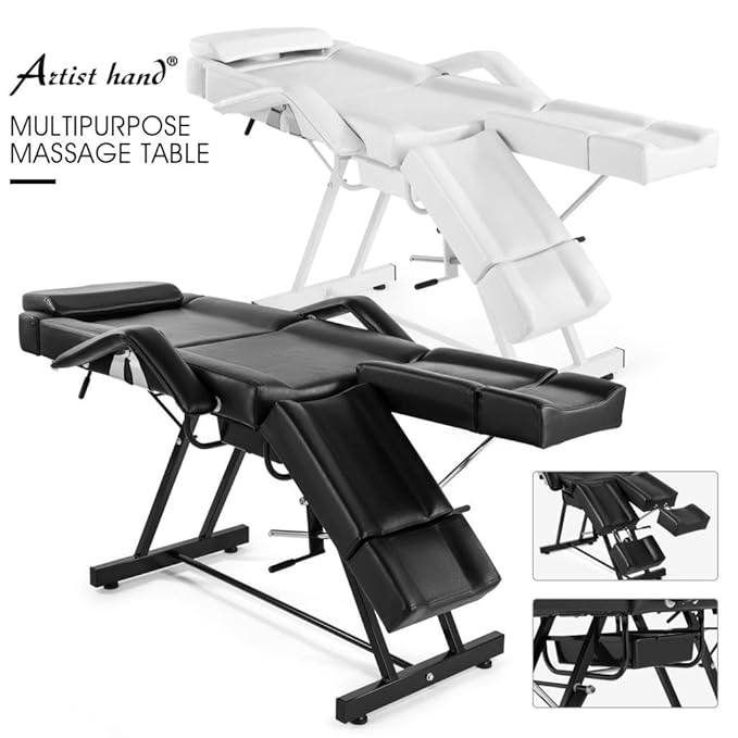 Artist hand Tattoo Table Split Footrests Beauty Bed with Tray Tattoo Chair for Client Facial Extendable Headrest, Footpad Massage Bed for Eyelash Extensions Tattoo Chair (White)