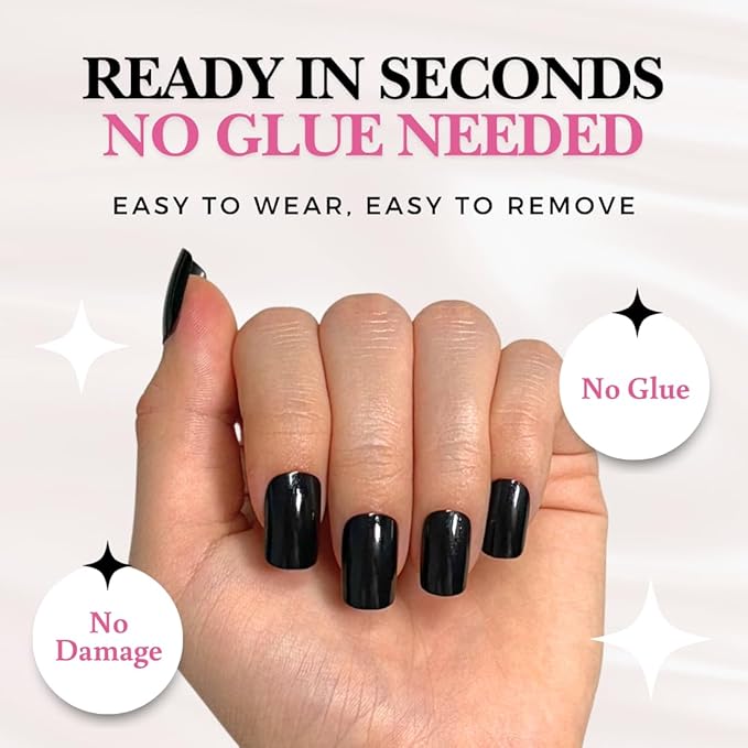 Perfect Look Press On Nails - Black Mirror | No Glue One-Day Short Square Nails, Glossy Jet Black Fake Nails with Gloss Finish - 24 Pcs Nail Kit with Adhesive Tabs