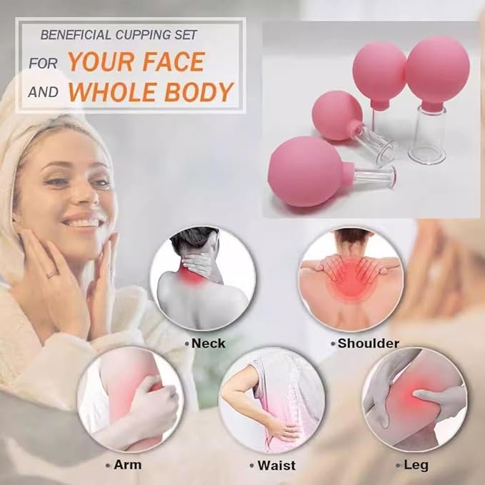 Luzly Face Cupping Set - Anti-Aging Facial Tools, Gua Sha, Wrinkles Massage, Vacuum Suction Therapy for Face, Leg, Arm, Back, Shoulder, Muscle and Joint Pain - Pink