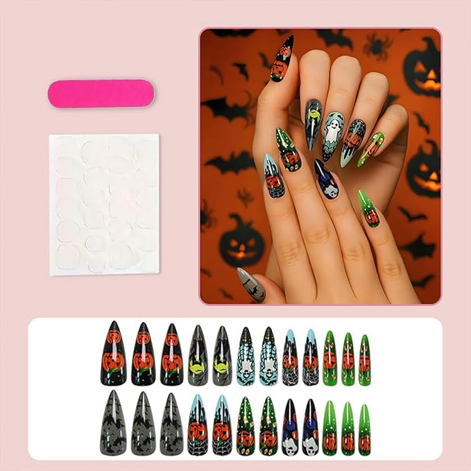24Pcs Halloween Press on Nails Long Almond Fake Nails with Gothic Cat Pumpkin Bat Design Cute Ghost False Nails Black Green Full Cover Artificial Glue on Nails Halloween Stick on Nail for Women DIY
