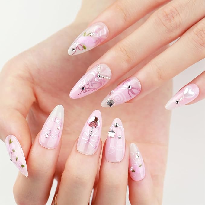 24pcs Pink Press on Nails Medium Almond Fake Nails with Star Heart Pearl Rhinestones Design Bow False Nails Flower Glue on Nails Cute Pink Bows Floral Acrylic Nails Full Cover Stick on Nails for Women
