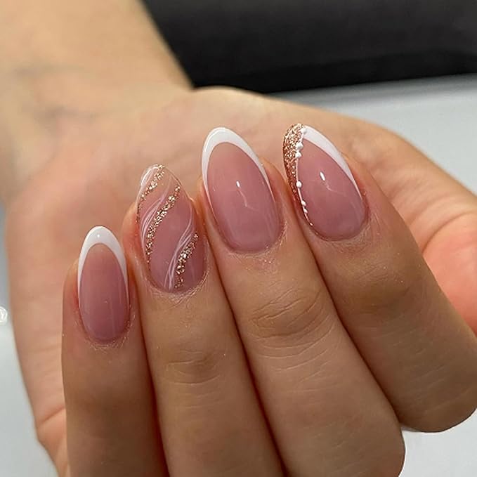 White French Tip Press On Nails Short Almond, Rose Gold Tip Designer Reusable Acrylic Fake Nails with Glue On Nails, Glossy Soft Gel Nails Wedding and Party, Stick On Nails for Women Gift