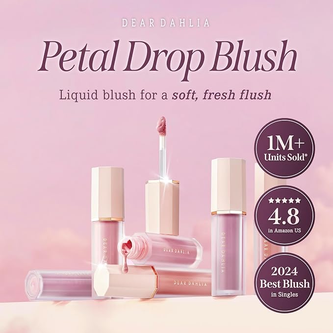 DEARDAHLIA Petal Drop Blush (Taffy) - Vegan Weightless Liquid Blush with Long-lasting Pigment, Buildable and Skincare-Infused Fomula. Natural Flush, and Dewy Finish. Korean Makeup for Cheeks. 0.14 oz