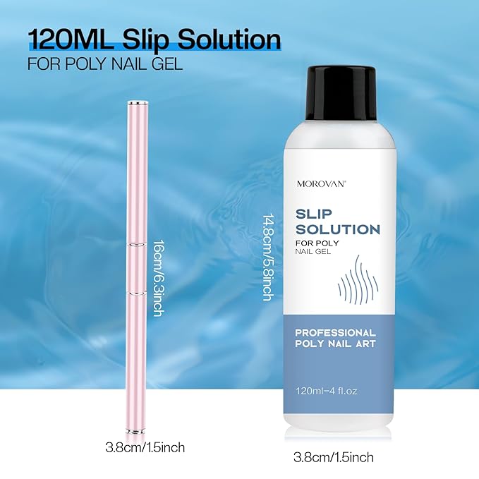 Morovan Poly Gel Slip Solution Kit: 4oz Slip Solution Liquid for Poly Gel Nails Dual-Ended Brush Pusher for Beginner