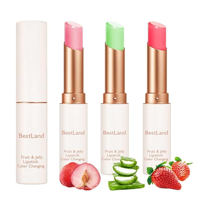 3 Pcs/Set Strawberry, Peach & Aloe Jelly Lipstick Set, Color Changing Lip And Cheek Stain | PH-Activated Temperature Reactive Moisturizing Lipstick for Dry & Mature Lips, Hydrating Long-Lasting Lip