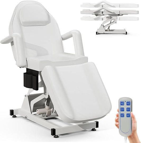 SyyBhb White Fully Electric Spa Bed Tattoo Chair Facial Table 3 Motor with Storage Pocket, 21''-28" Height Backrest Footrest Electric Adjustable, 3-Section Folding