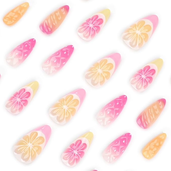 Handmade 3D Fruit Orange Press On Nails Medium Almond, 3D Ananas Grapefruit French Tip Designer Reusable Acrylic Fake Nails With Glue On Nails, Nails Press Ons Daily Wear For Women Gift