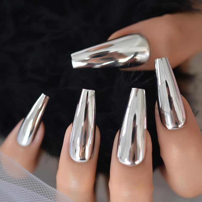 Super Long Shiny Punk Style Silver Coffin Ballerina Press on False Nails Metallic Acrylic Nails Reflective Mirror Nail Art Tips for party show