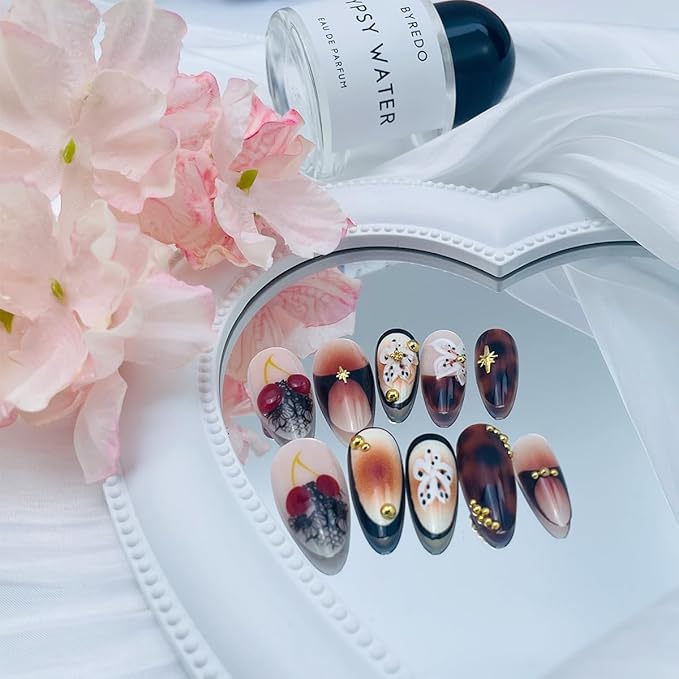 French Tip Press on Nails Medium Almond Fall Fake Nails with Gold Rhinestones Designs 3D Cherry Flower False Nails Brown Full Cover Artificial Glue on Nails - 24Pcs Nail Kit for Women Girls Manicure