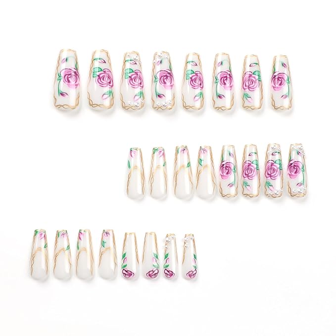 Extra Long Press on Nails Coffin False Nails Purplr Flower Golden Lines Design Pearl Glue on Nails White Acrylic Nails Press ons Glossy Fake Nails Long Coffin Stick on Nails for Women 24Pcs
