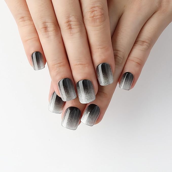 Silver-Black Ombre Press On Nails Short, Glossy Soft Gel Press On Nails Square with Onyx to Chrome Fade Design, Thick Natural Reusable Glue On Nails for Women，15 Sizes - 30Pcs