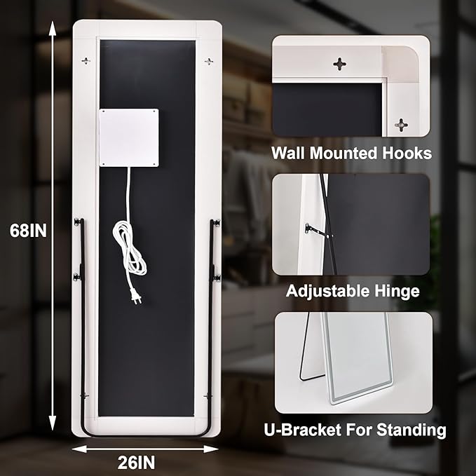 26x68 inch Full Length Mirror with Lights, LED Lighted Floor Standing, Hanging Mirror Full Length with Stand Free, Full Body Dressing Mirrors with Dimmable 3 Color LED