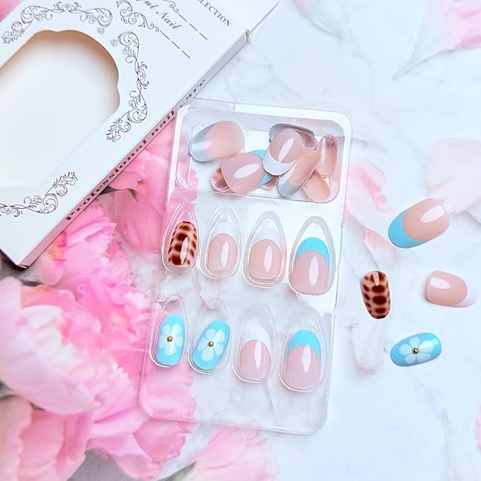 Almond Shaped Press on Nails Short Oval False Nails with Designs Blue White French Tips Glue on Nails Leopard Print Flowers Acrylic Nails Glossy Full Cover Stick on Nails for Women Manicure 24 Pcs