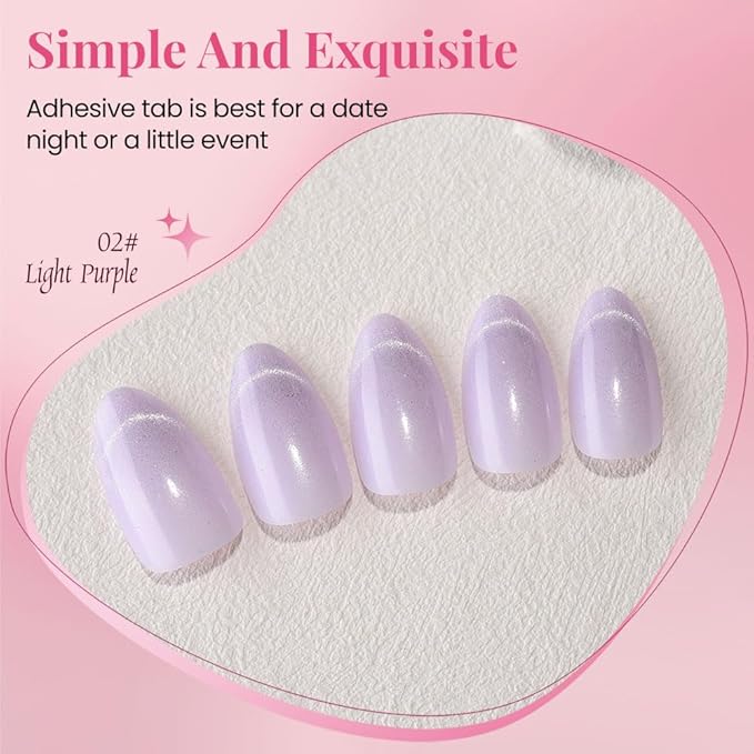 Cat Eye Press on Nails Short Almond - Light Purple Shimmer Glossy French Tip Press on Nails Gift, Soft Gel Press Glue On Nail with Nail Glue, Supremely Fit Full Cover Reusable Acrylic Fake Nails Kit