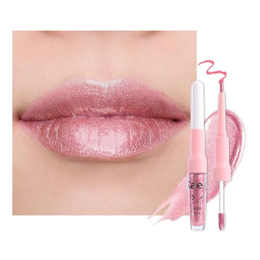 Kaely 2-in-1 Nude Pink Metallic Lipstick and Lip Liner, Shimmer Liquid Metallic Lipsticks for Women, Glitter Lip Gloss Stain Long Lasting Waterproof Smudge Proof 24 Hour, Vegan Makeup, 19