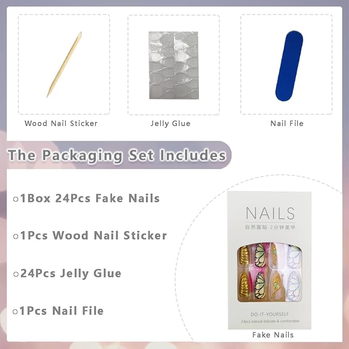 Green Gradient Butterfly Press on Nails Medium Almond Fake Nail Dark False Nail 3D Ripple Glue on Nails Gold Irregular Lines Acrylic Nail Summer Stick on Nails for Women Manicure 24Pcs